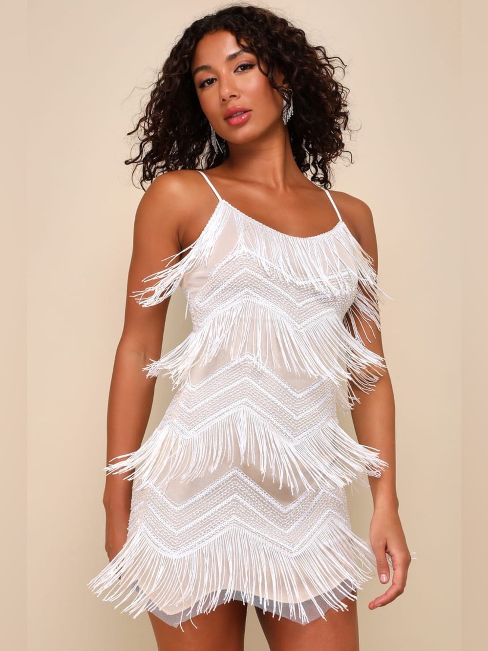 Lulu's Dancefloor Beaded Dazzler White Fringe Mini Dress Size Small